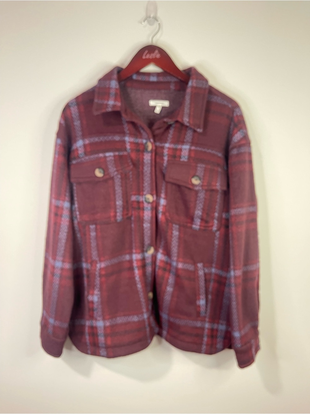 Maurices Burgundy Plaid Utility Shacket Jacket